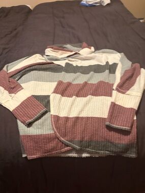 LuLaRoe-Striped Knit Pullover Sweater - Pink, Gray & Cream